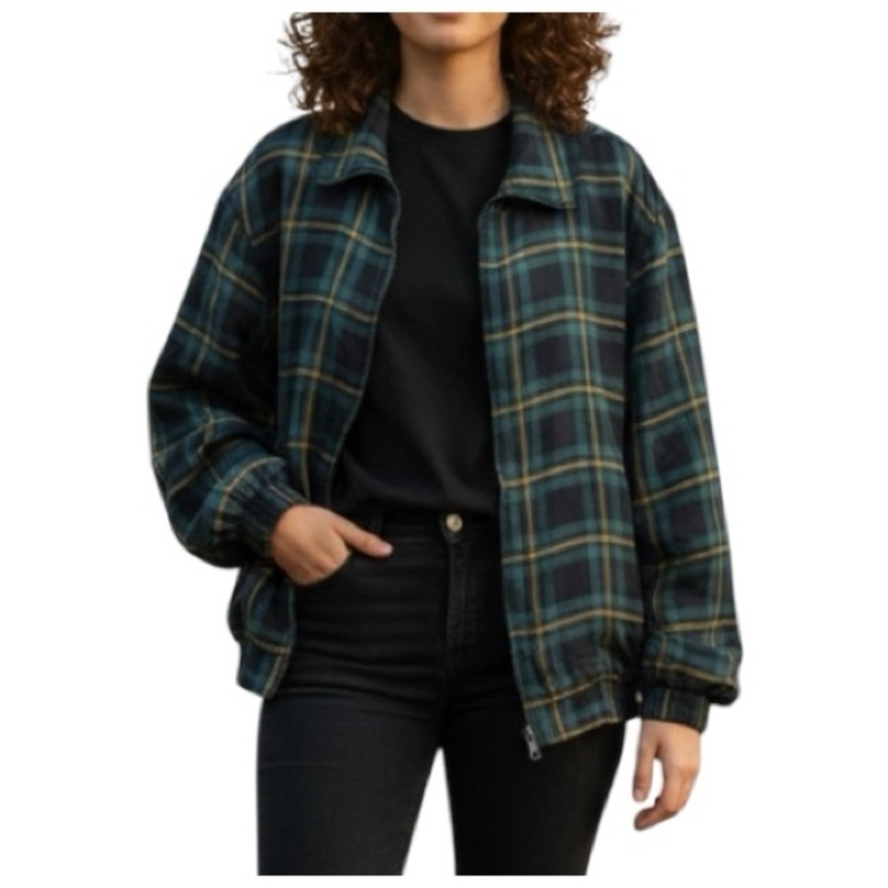Vintage FU DA International Silk Plaid Bomber Jacket Large Green Blue 90s Zip